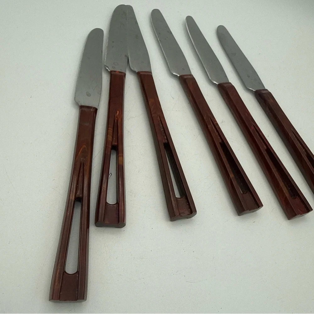 6 VTG Stanley Deluxe Stanhome Steak Knives Catalina Lucite Cut Out Handle MCM